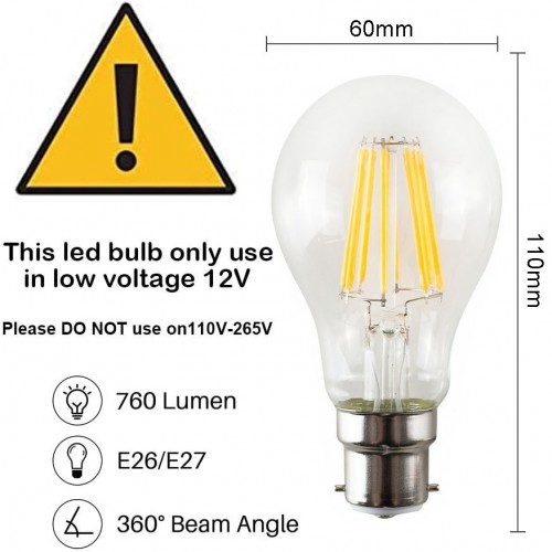 36V AC/DC CLEAR A60 B22 LED Filament GLOBE Bulb Warm White 2700K 8W ...